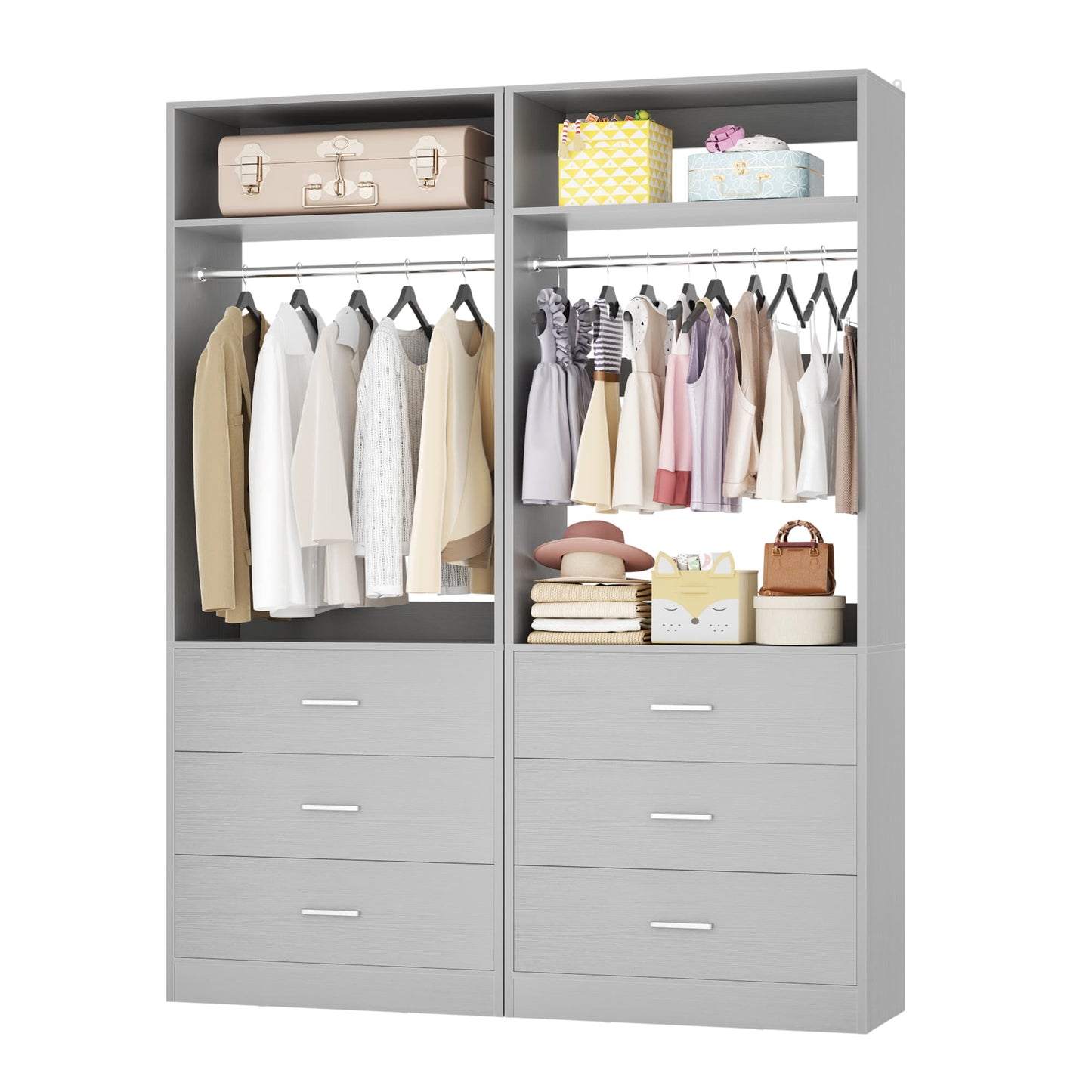 4FT (48 Inch) Closet Organizer System,Set of 2 - 6 Wood Drawers, 2 Hanging Rods & 2 Shelves