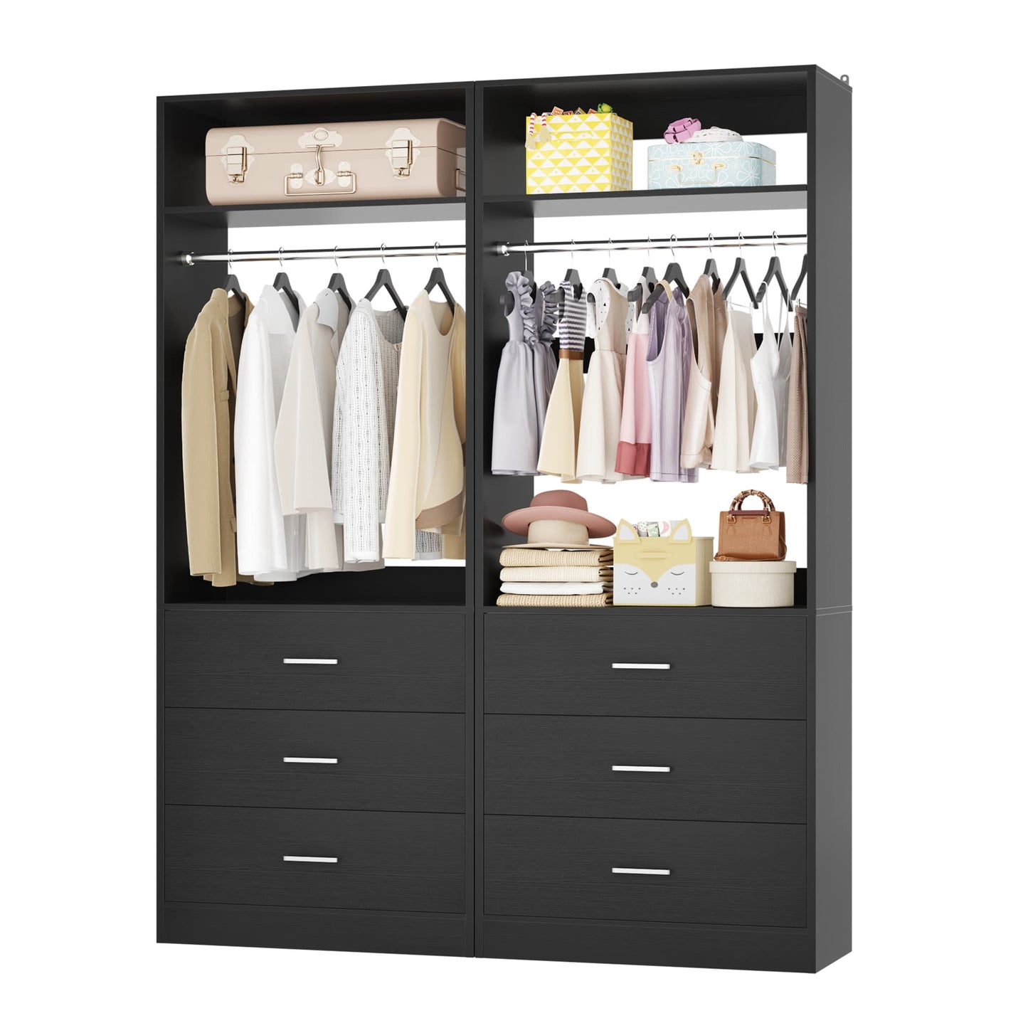 4FT (48 Inch) Closet Organizer System,Set of 2 - 6 Wood Drawers, 2 Hanging Rods & 2 Shelves