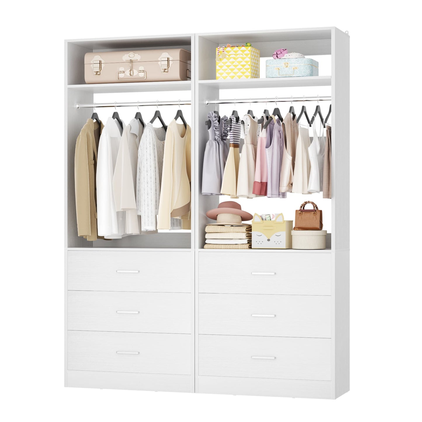 4FT (48 Inch) Closet Organizer System,Set of 2 - 6 Wood Drawers, 2 Hanging Rods & 2 Shelves