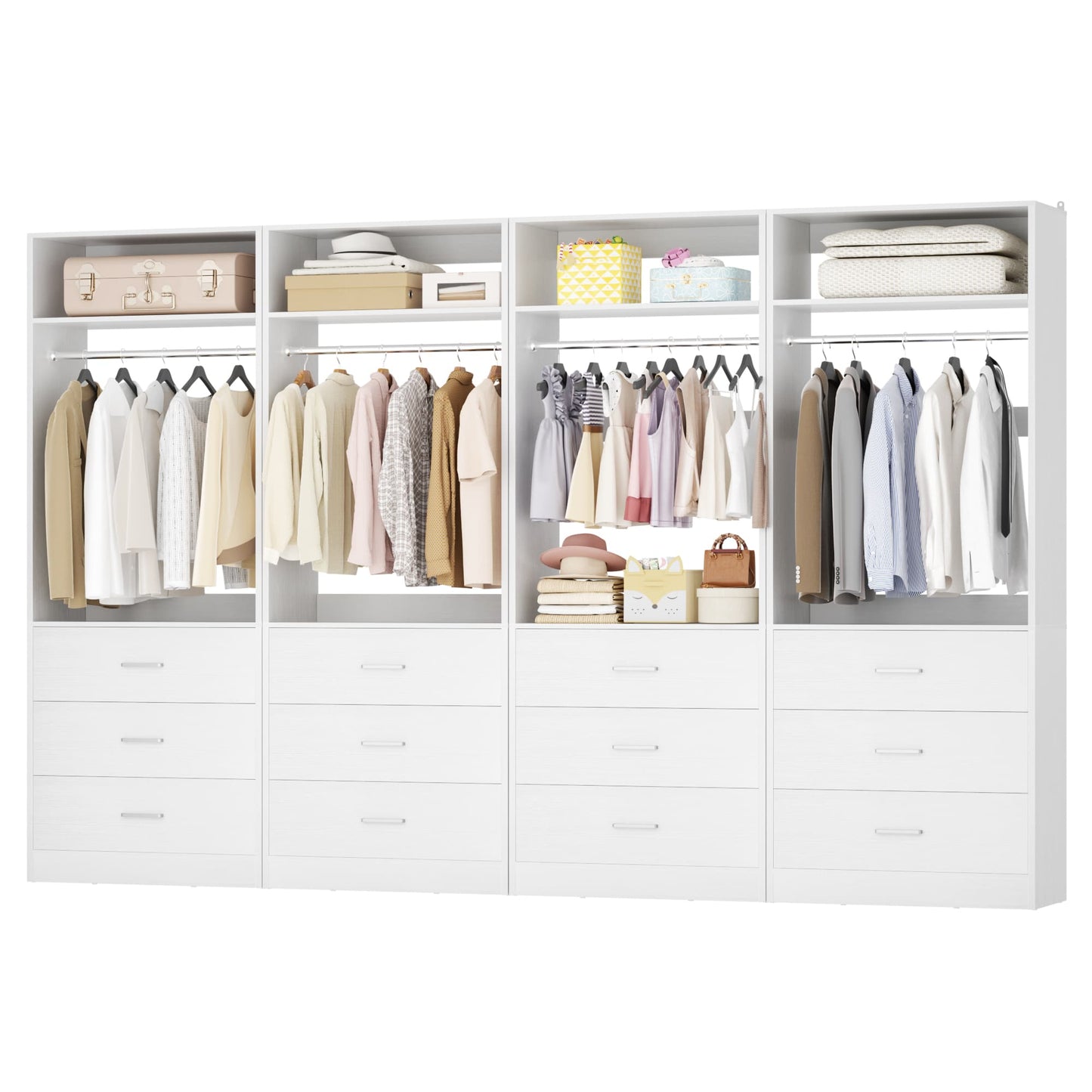 8FT (96 Inch) Closet Organizer System,Set of 4 - 12 Wood Drawers, 4 Hanging Rods & 4 Shelves