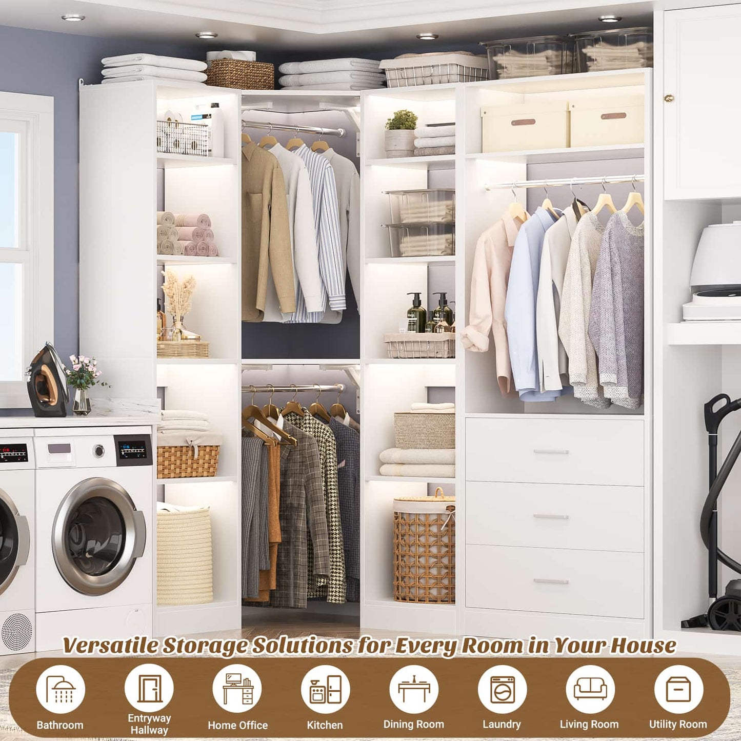 63.2" L X 39.2" W X 80" H Corner Closet System,Freestanding Closet Organizer System With 2 Drawers & 12 Shelves