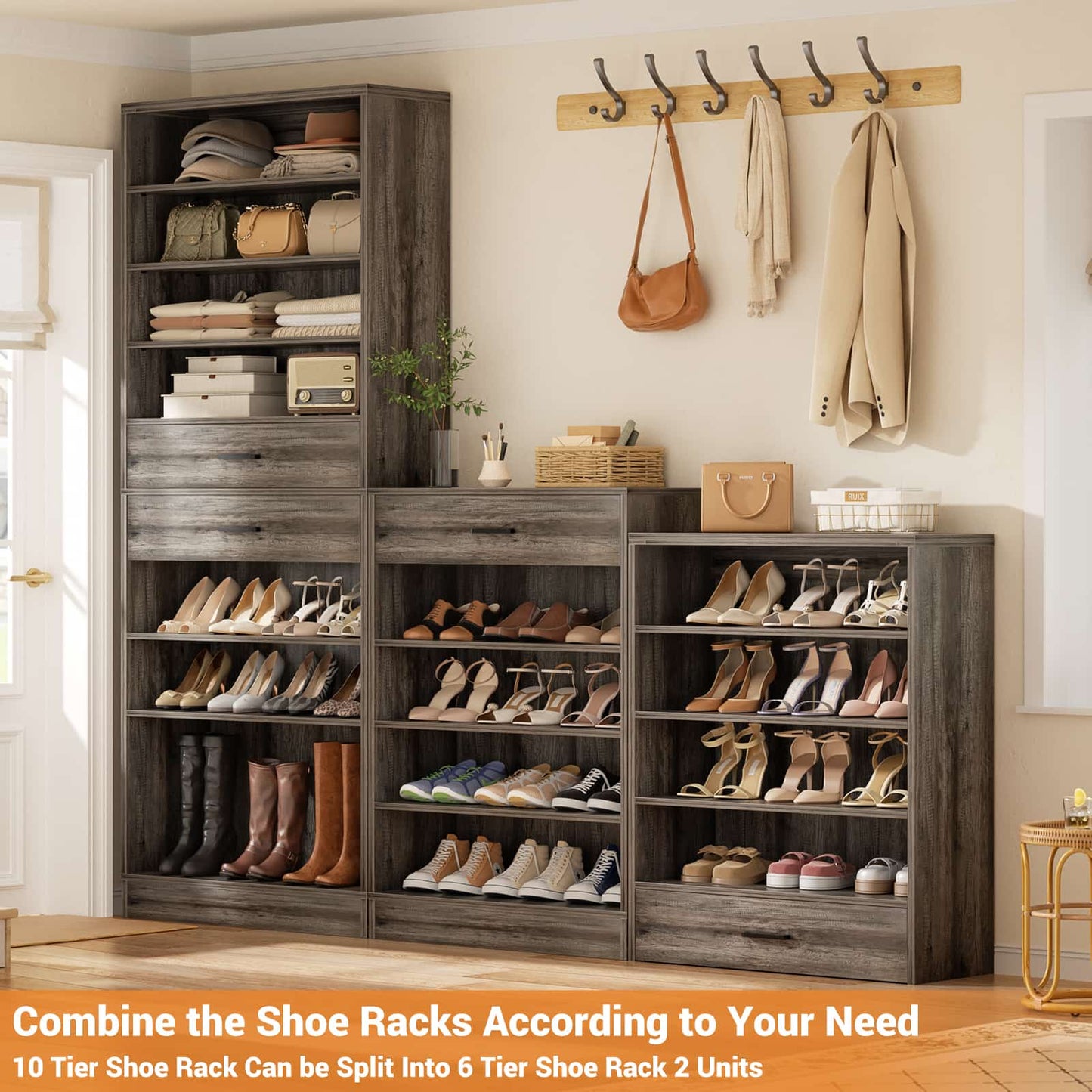 2-Pack 10-Tier Shoe Cabinet Set with 4 Drawers, 65cm Width Freestanding Organizer