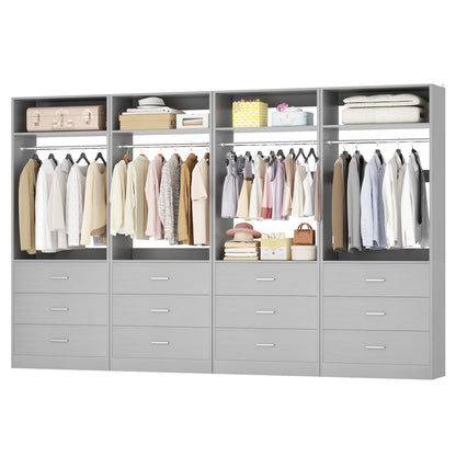 8FT (96 Inch) Closet Organizer System,Set of 4 - 12 Wood Drawers, 4 Hanging Rods & 4 Shelves