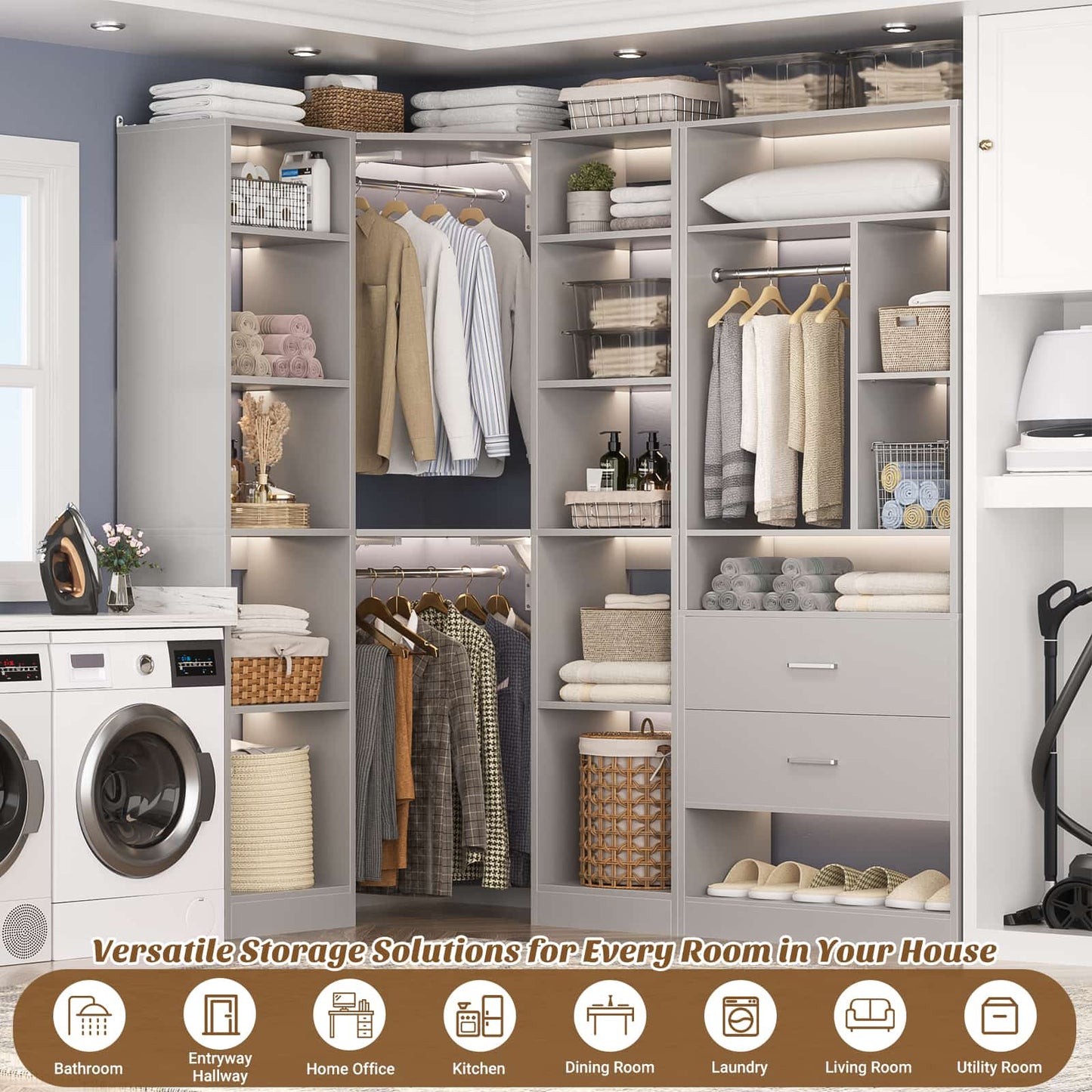 Closet System Closet Organizer, Wood Closet Organizer System,Walk-in Closet or Small Closets Wardrobe, Clothes Rack with Hanging Rods