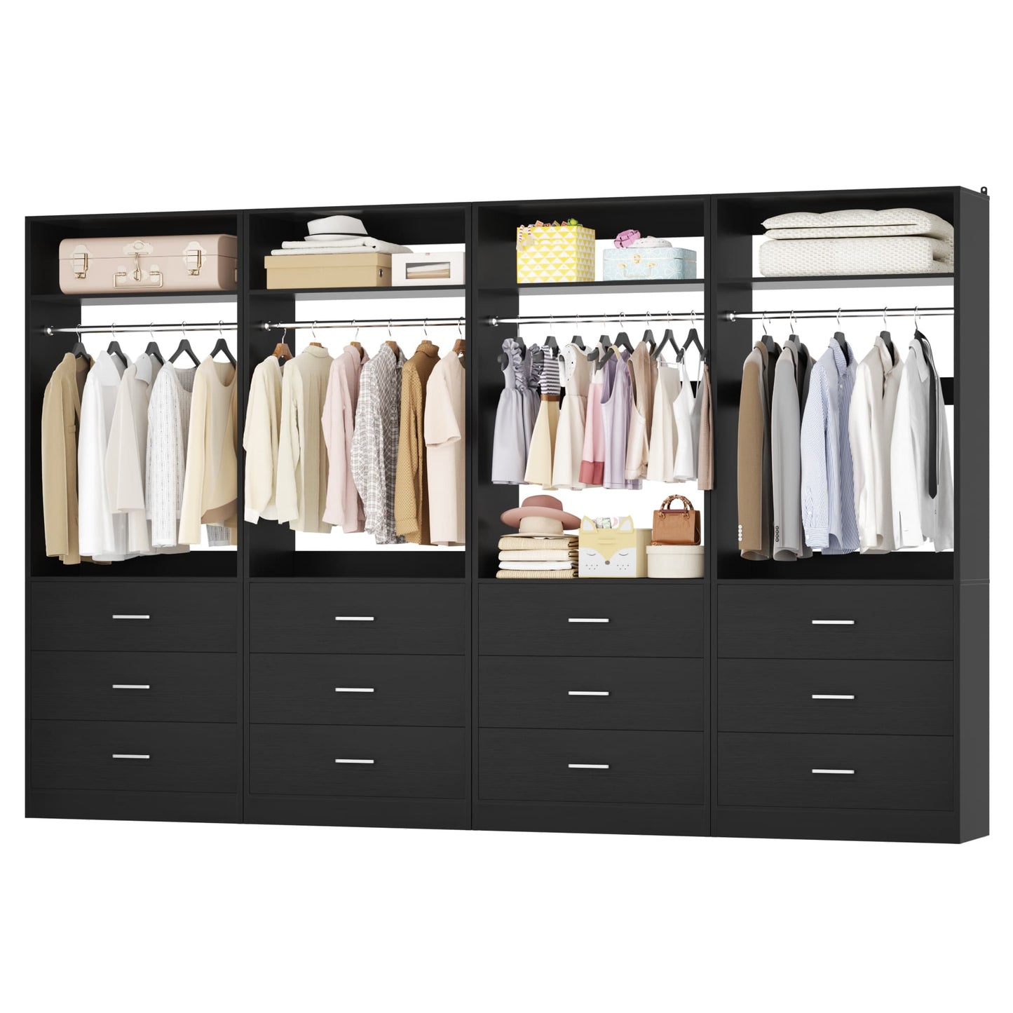 8FT (96 Inch) Closet Organizer System,Set of 4 - 12 Wood Drawers, 4 Hanging Rods & 4 Shelves
