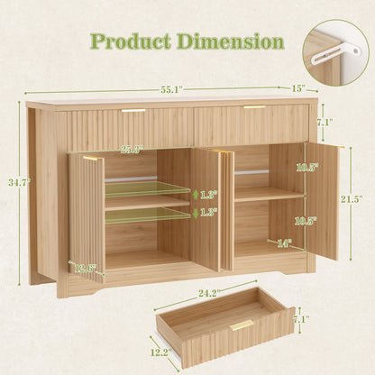 Buffet Cabinet with Storage, 55" Fluted Sideboard Buffet with Drawers