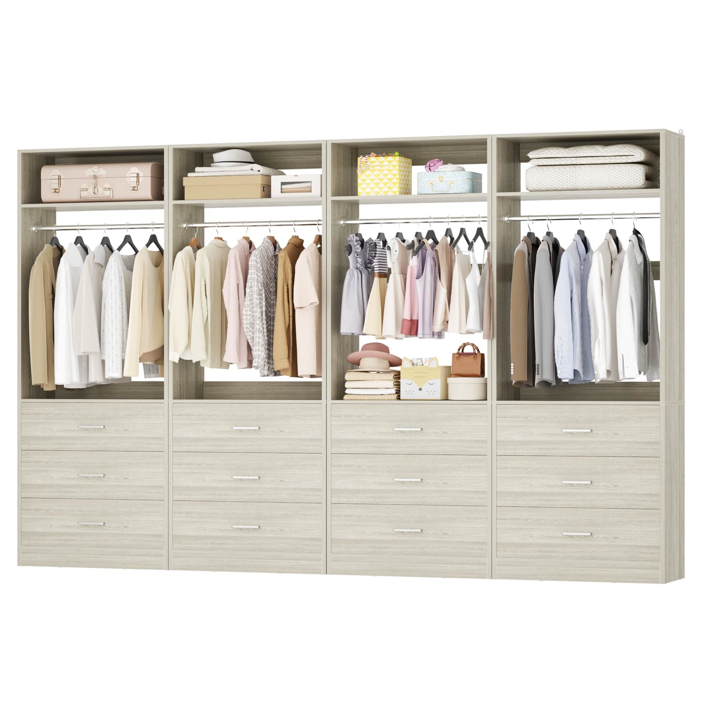 8FT (96 Inch) Closet Organizer System,Set of 4 - 12 Wood Drawers, 4 Hanging Rods & 4 Shelves