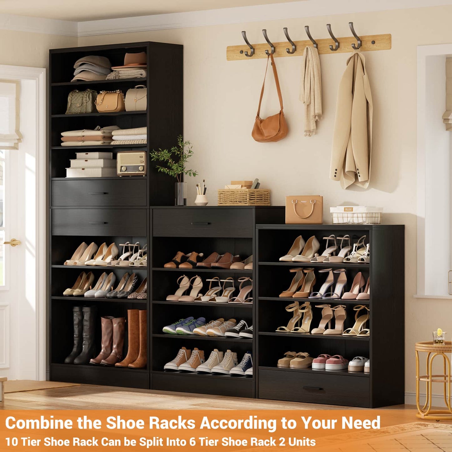 2-Pack 10-Tier Shoe Cabinet Set with 4 Drawers, 65cm Width Freestanding Organizer