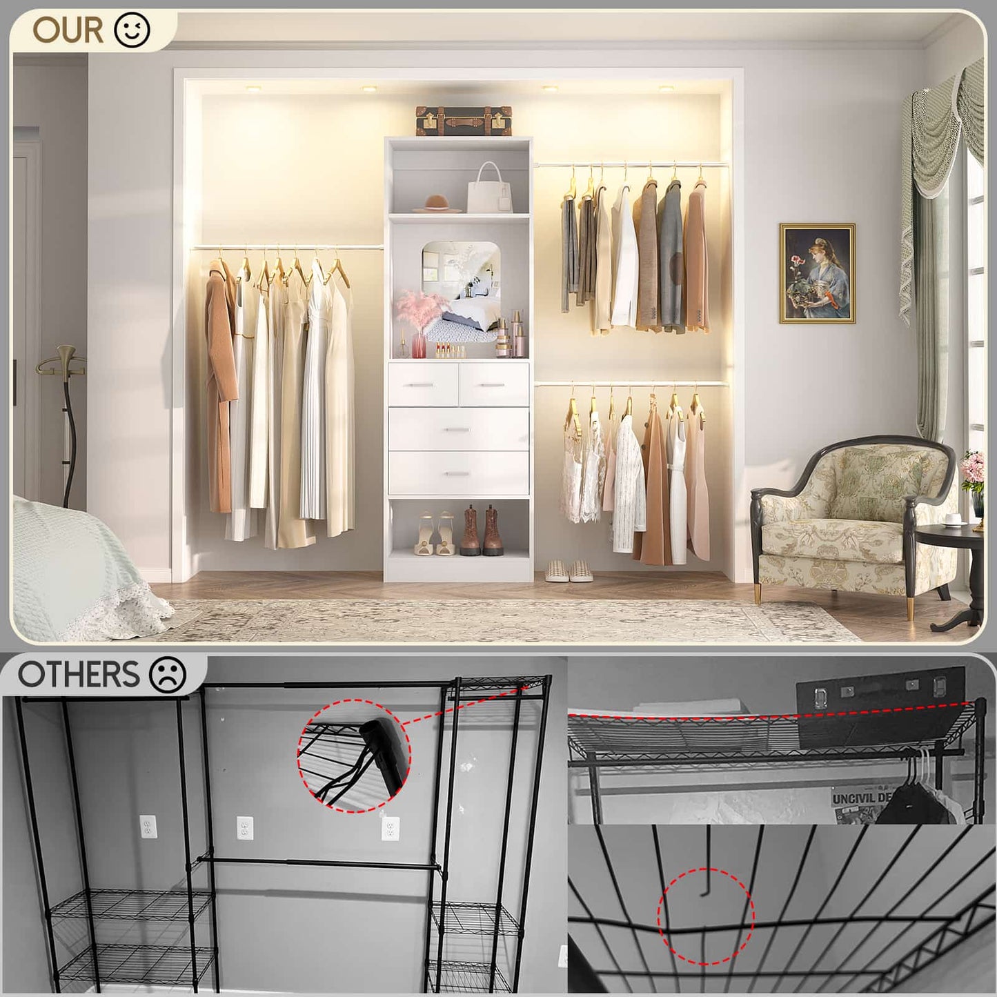 8FT Walk in Closet Systems Starter Kit with 25” Tower and 3 Extendable Hanging Rods