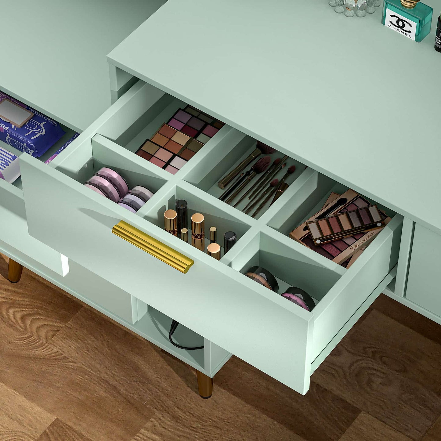 48" Makeup Vanity with Hutch, LED Lighted Mirror & Charging Station, 5 Large Drawers, Shelves, Pegboard & Cabinet