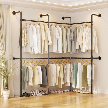 9.85FT Corner L-Shaped Wall Mounted Industrial Pipe Clothing Rack, Heavy Duty Reversible Wardrobe System for Large Walk-in Closets
