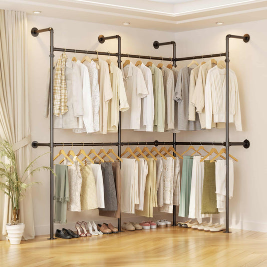 9.85FT Corner L-Shaped Wall Mounted Industrial Pipe Clothing Rack, Heavy Duty Reversible Wardrobe System for Large Walk-in Closets
