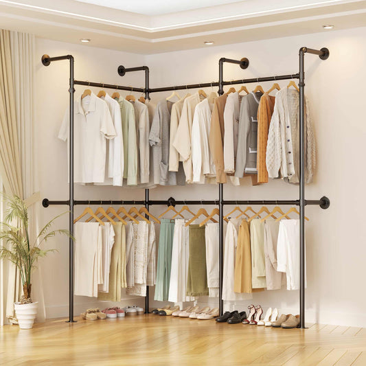 9.85FT Corner L-Shaped Wall Mounted Industrial Pipe Clothing Rack, Heavy Duty Reversible Wardrobe System for Large Walk-in Closets