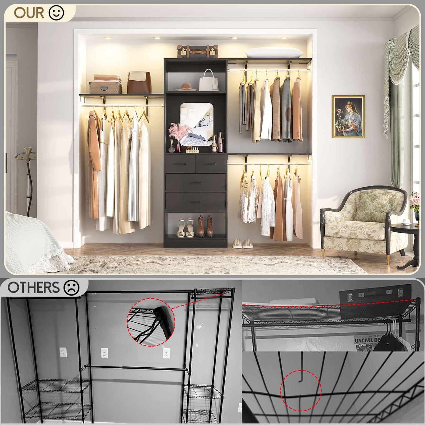 8FT Walk in Closet Organizer with 3 Hanging rods and Shelves