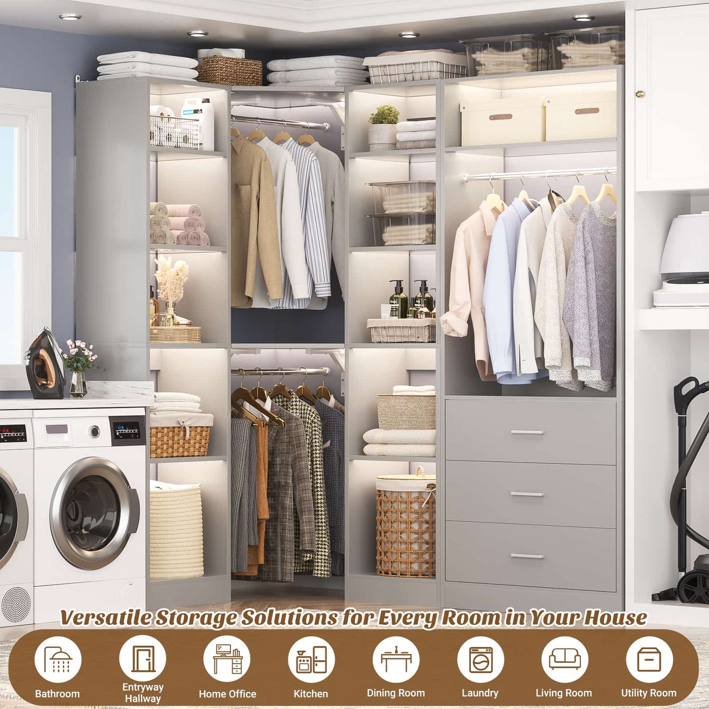 63.2" L X 39.2" W X 80" H Corner Closet System,Freestanding Closet Organizer System With 2 Drawers & 12 Shelves