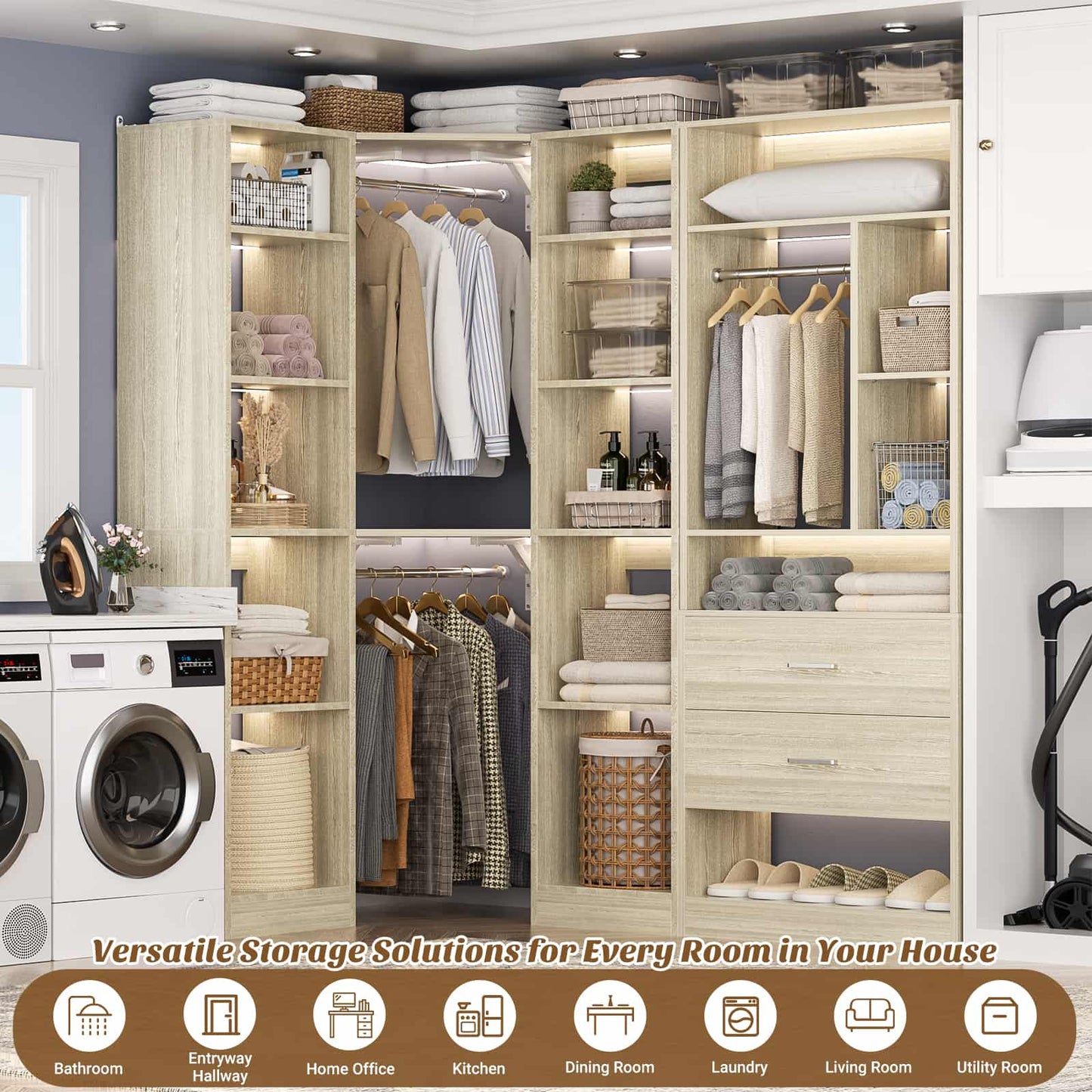 Closet System Closet Organizer, Wood Closet Organizer System,Walk-in Closet or Small Closets Wardrobe, Clothes Rack with Hanging Rods
