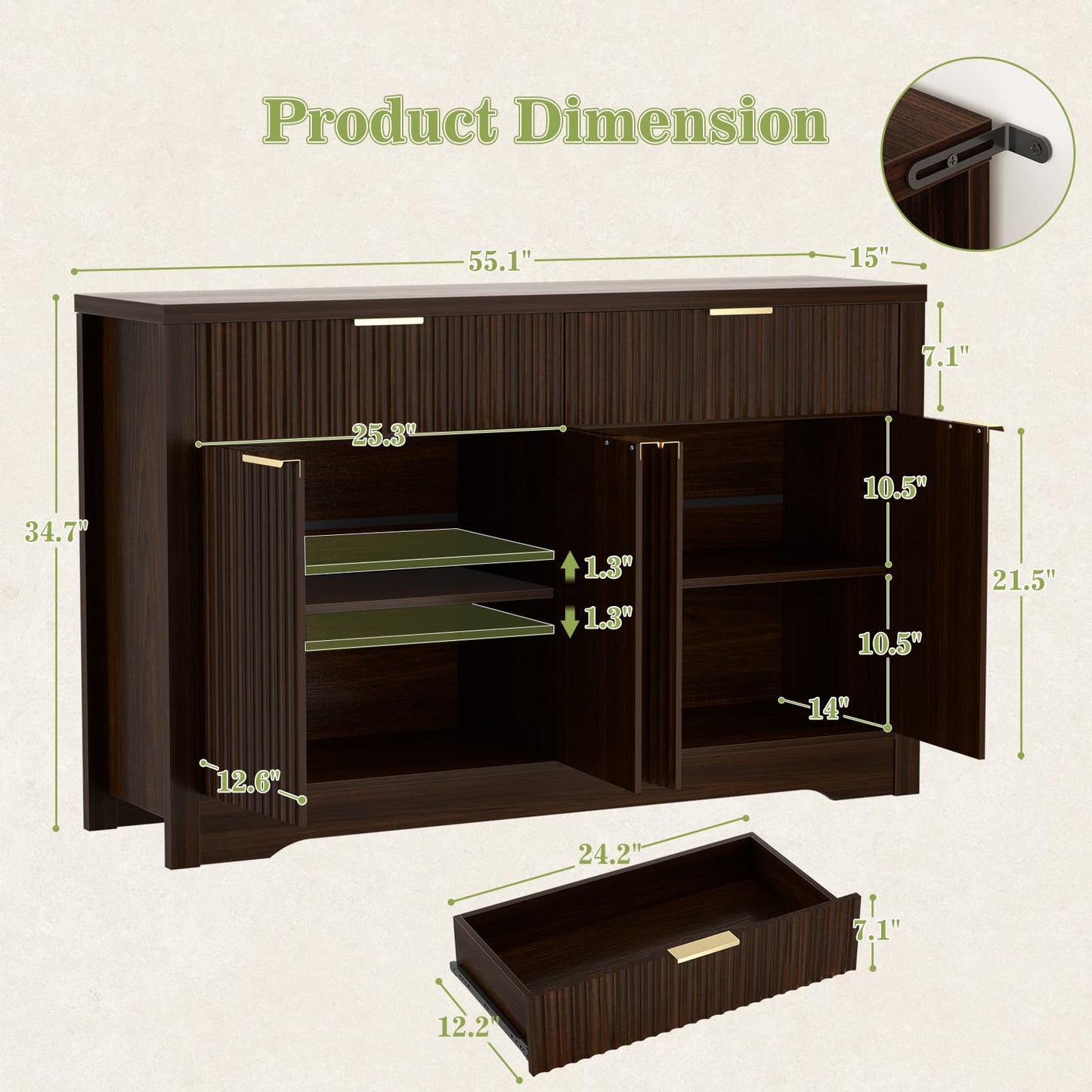Buffet Cabinet with Storage, 55" Fluted Sideboard Buffet with Drawers