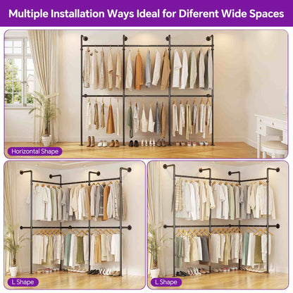 9.85FT Corner L-Shaped Wall Mounted Industrial Pipe Clothing Rack, Heavy Duty Reversible Wardrobe System for Large Walk-in Closets
