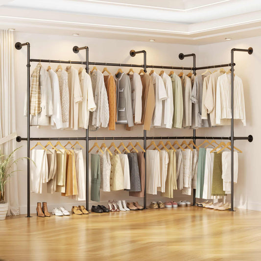 13FT Large Corner L-Shaped Wall Mounted Industrial Pipe Clothing Rack, Heavy Duty Reversible Walk-in Closet Wardrobe System