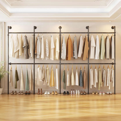 13FT Large Corner L-Shaped Wall Mounted Industrial Pipe Clothing Rack, Heavy Duty Reversible Walk-in Closet Wardrobe System