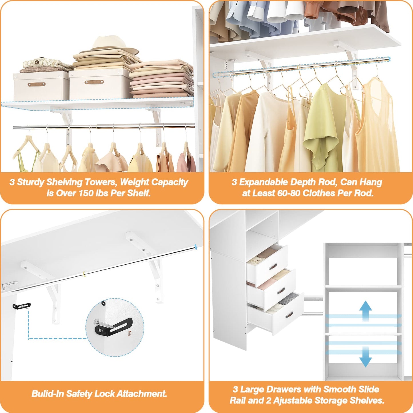 96‘’ W Closet System, Walk In Closet Organizer with 3 Shelving Towers