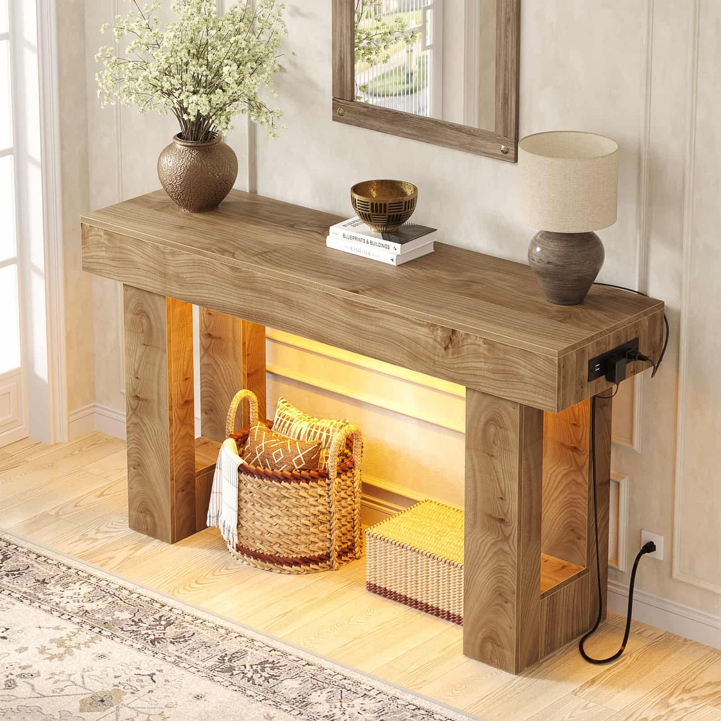47" Console Table with Socket & Sensor Light, Narrow Entryway Table with Storage for Hallway/Living Room, Farmhouse Style