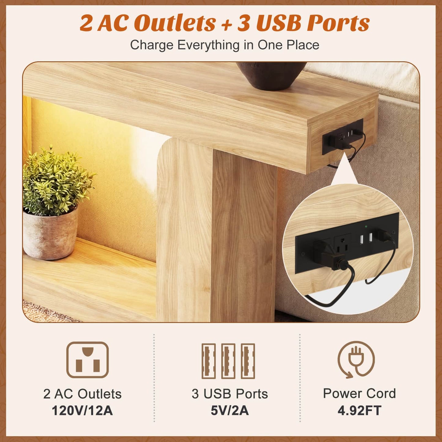 47" Farmhouse Console Table -LED Lights & Charging Station, Narrow Sofa Table for Entryway, Living Room, Foyer, Hallway