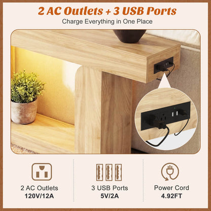 47" Farmhouse Console Table -LED Lights & Charging Station, Narrow Sofa Table for Entryway, Living Room, Foyer, Hallway