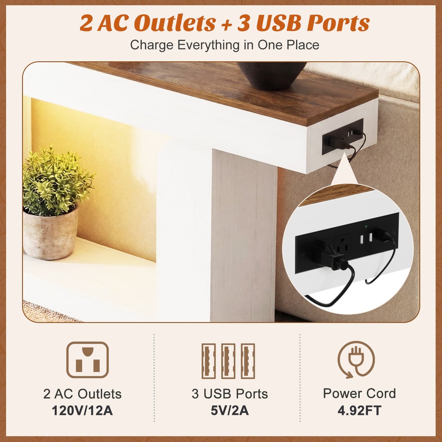 47" Farmhouse Console Table -LED Lights & Charging Station, Narrow Sofa Table for Entryway, Living Room, Foyer, Hallway