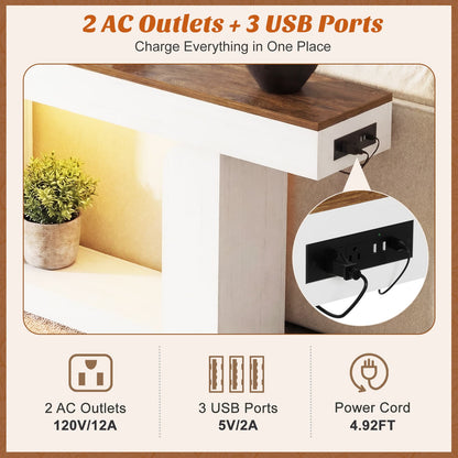 47" Farmhouse Console Table -LED Lights & Charging Station, Narrow Sofa Table for Entryway, Living Room, Foyer, Hallway