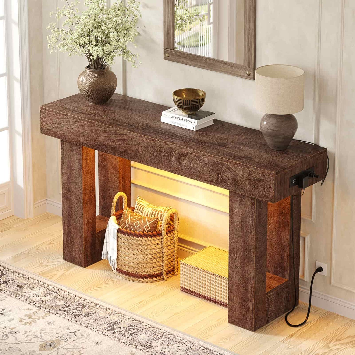 47" Console Table with Socket & Sensor Light, Narrow Entryway Table with Storage for Hallway/Living Room, Farmhouse Style