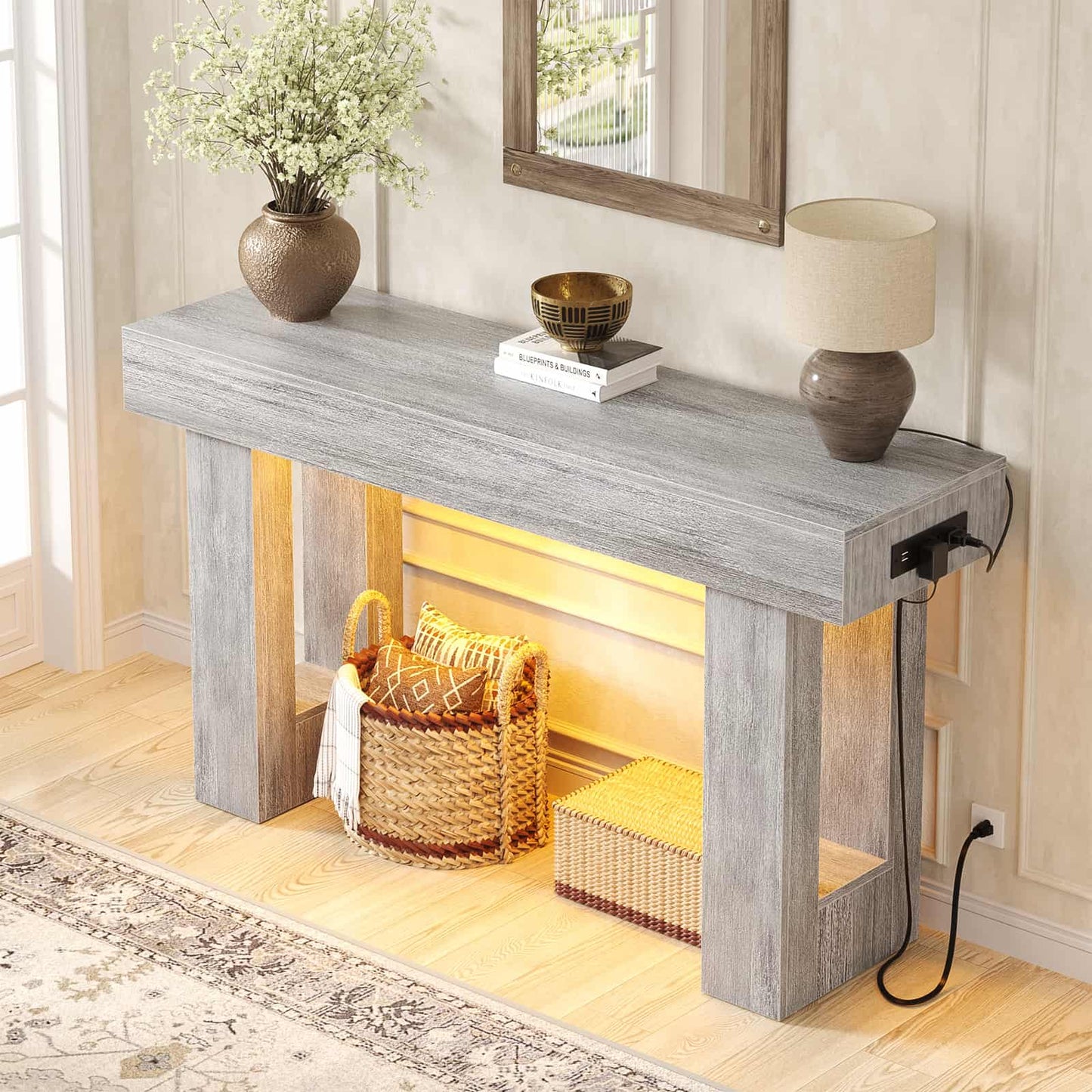 47" Console Table with Socket & Sensor Light, Narrow Entryway Table with Storage for Hallway/Living Room, Farmhouse Style