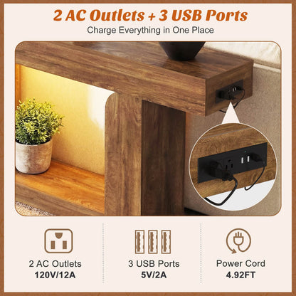 47" Farmhouse Console Table -LED Lights & Charging Station, Narrow Sofa Table for Entryway, Living Room, Foyer, Hallway