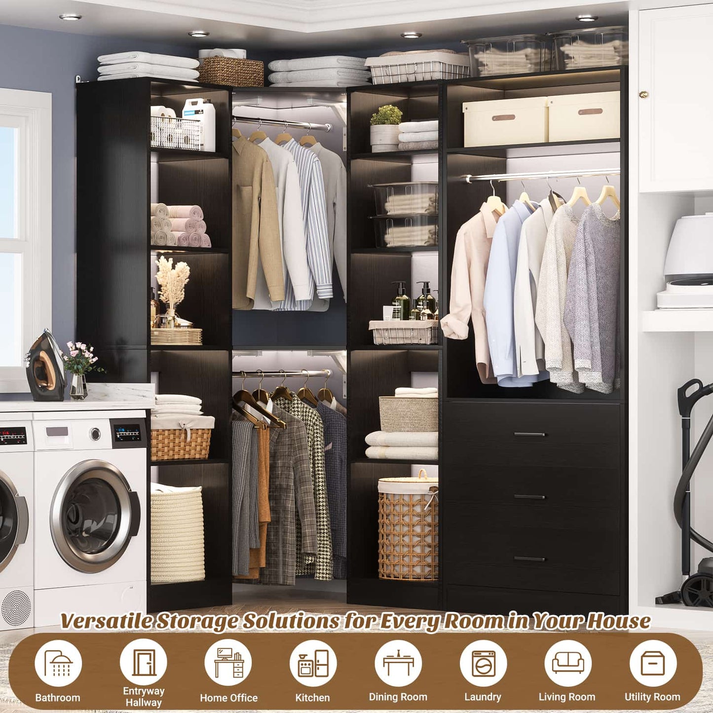 63.2" L X 39.2" W X 80" H Corner Closet System,Freestanding Closet Organizer System With 2 Drawers & 12 Shelves