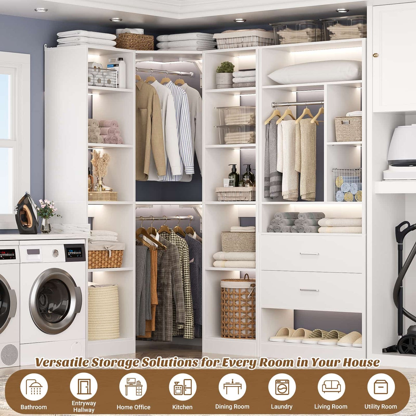 Closet System Closet Organizer, Wood Closet Organizer System,Walk-in Closet or Small Closets Wardrobe, Clothes Rack with Hanging Rods
