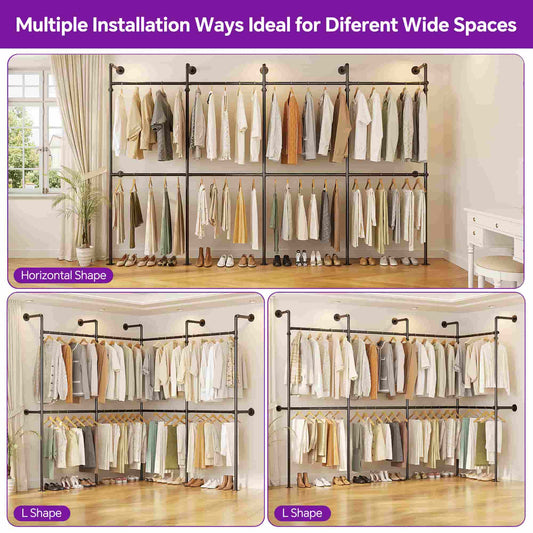 13FT Large Corner L-Shaped Wall Mounted Industrial Pipe Clothing Rack, Heavy Duty Reversible Walk-in Closet Wardrobe System