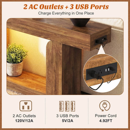 63" Farmhouse Console Table -LED Lights & Charging Station, Narrow Sofa Table for Entryway, Living Room, Foyer, Hallway, Behind Couch