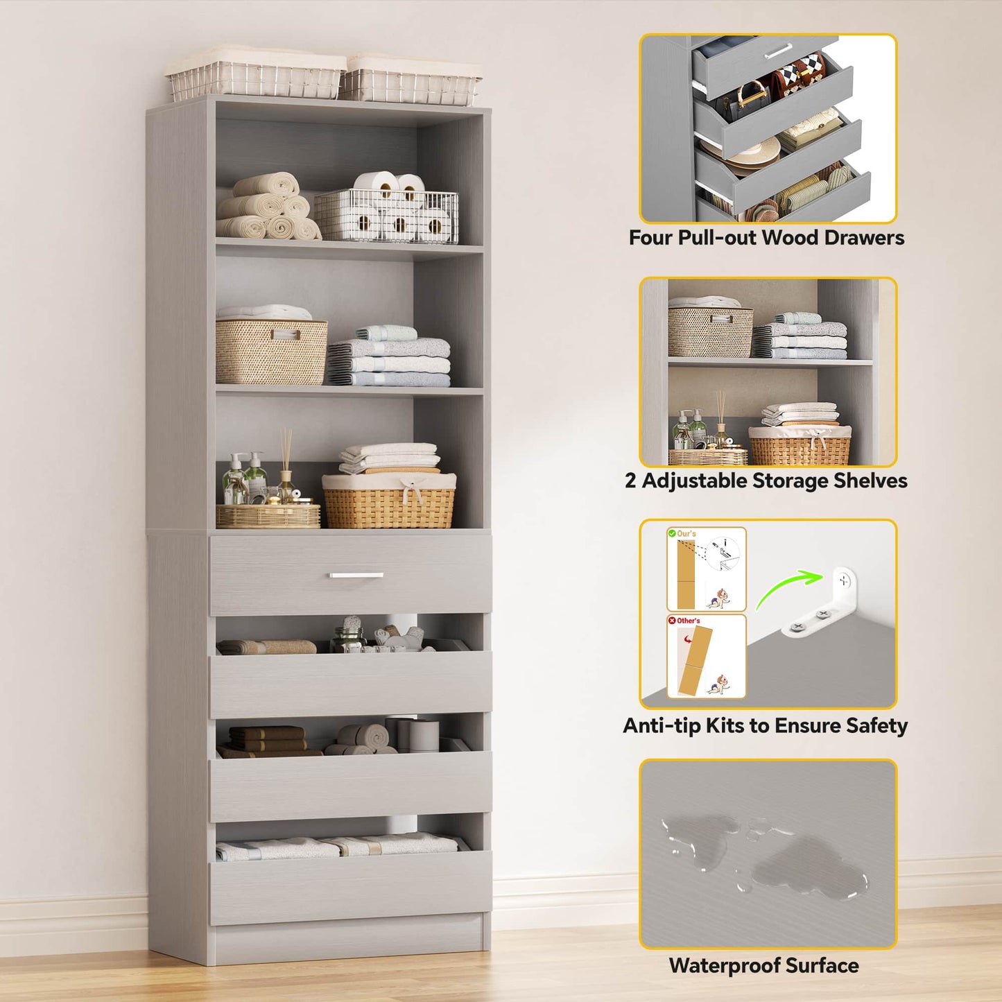 2-Pack Space-Saving Modular Armoire Wardrobe Closet System with 8 Drawers & Adjustable Shelves