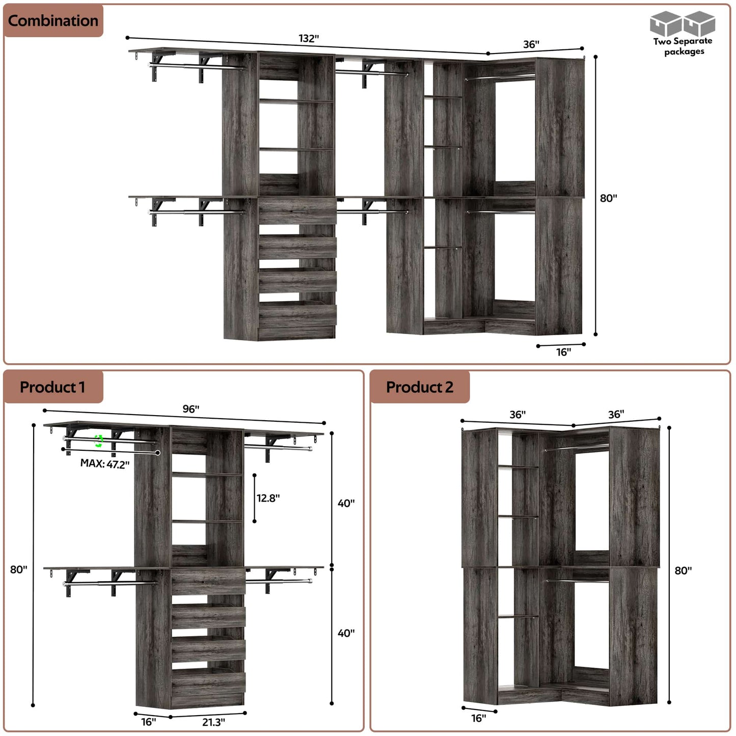 96"-128" 2-Piece Freestanding Closet System, Corner Wardrobe Organizer with Drawers & Shelves for Bedroom/Living Room