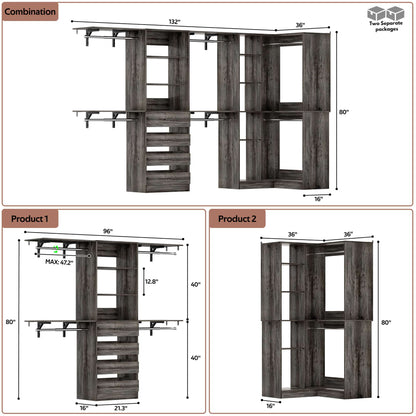 96"-128" 2-Piece Freestanding Closet System, Corner Wardrobe Organizer with Drawers & Shelves for Bedroom/Living Room