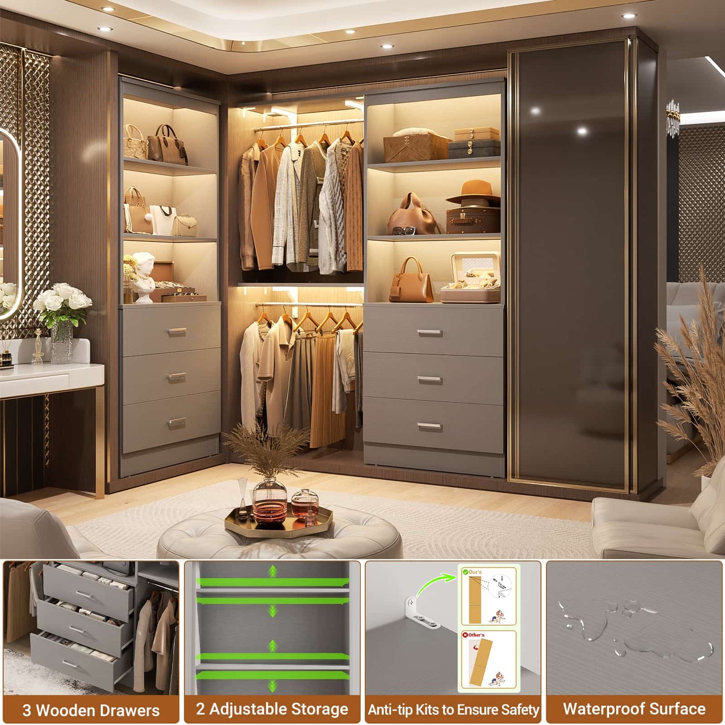 23.6" Closet Organizer System with 3 Wood Drawers