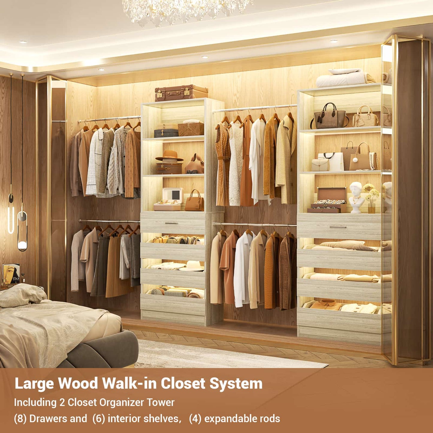 Adjustable Closet Organizer System (6-15Ft) with 8 Wooden Drawers & Modular Tower