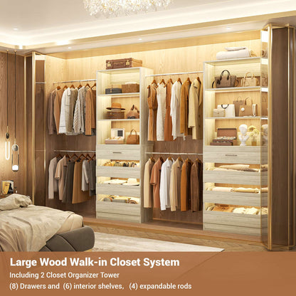 Adjustable Closet Organizer System (6-15Ft) with 8 Wooden Drawers & Modular Tower