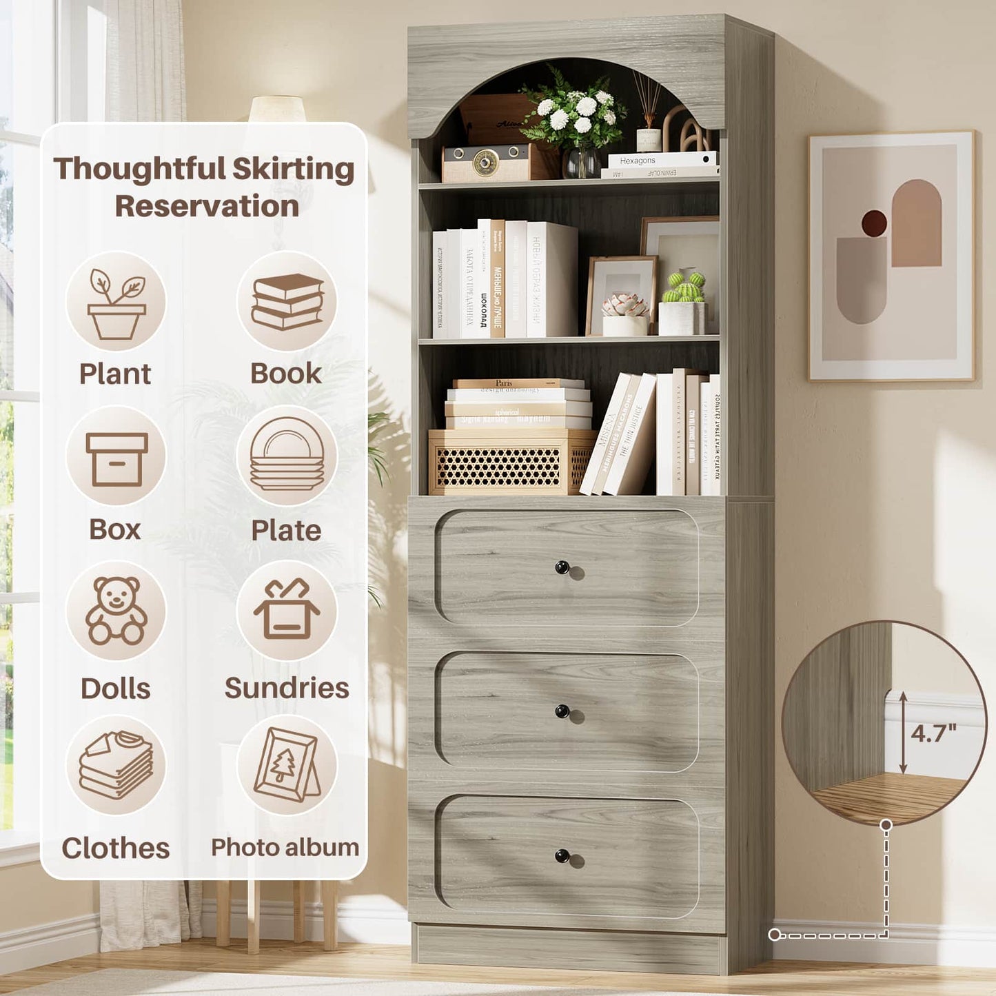 80" Tall Arched Bookcase with 3 Drawers & 3 Open Shelves - Wooden Storage Cabinet for Living Room, Kitchen