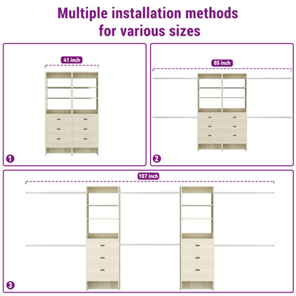96" Closet System Value 4-Pack with 12 Hanging Rods & 12 Wooden Drawers - Adjustable (5-8FT Each)