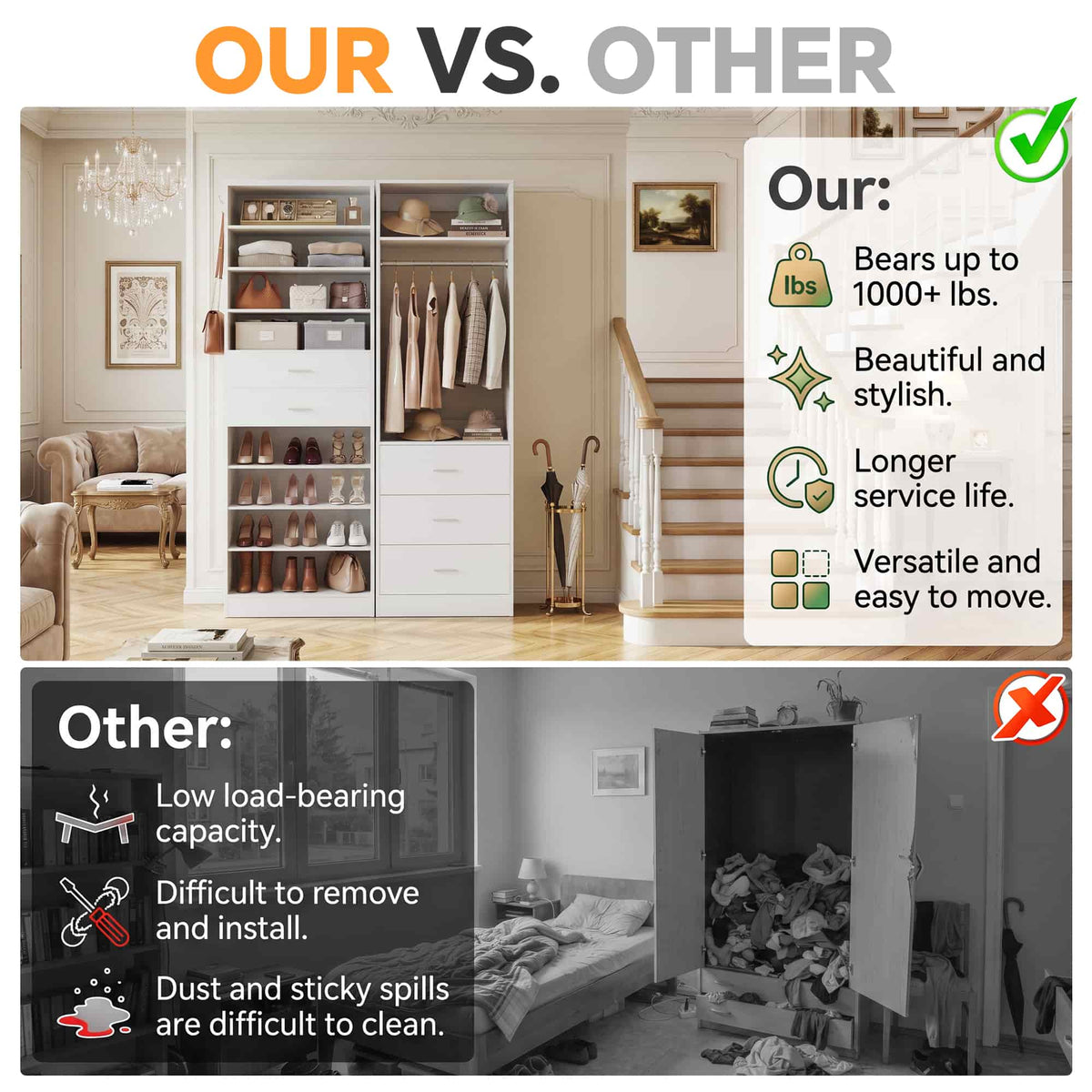 2-in-1 Storage Set: 10-Tier Shoe Cabinet with 2 Drawers + 2FT Freestanding Closet System with 3 Wood Drawers