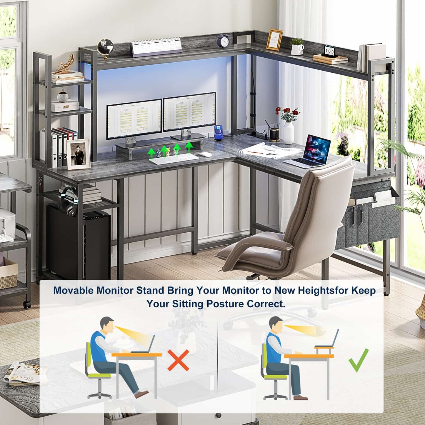 L Shaped Desk with Power Outlet and LED lights