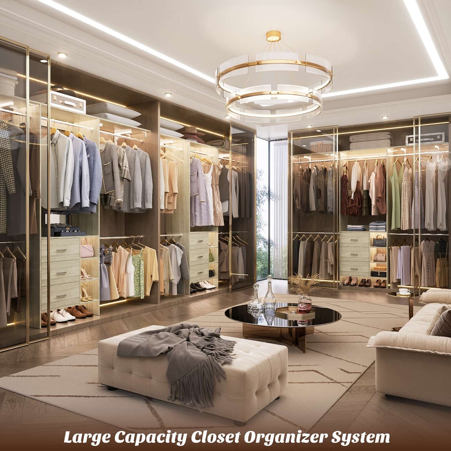 8FT Walk-in Armoire Closet Organizer with 3 Wooden Drawers & Hanging Rods, Adjustable Garment Rack for 5.3-9 ft Spaces,Wardrobe Storage Shelf