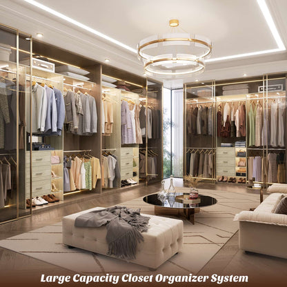 8FT Walk-in Armoire Closet Organizer with 3 Wooden Drawers & Hanging Rods, Adjustable Garment Rack for 5.3-9 ft Spaces,Wardrobe Storage Shelf