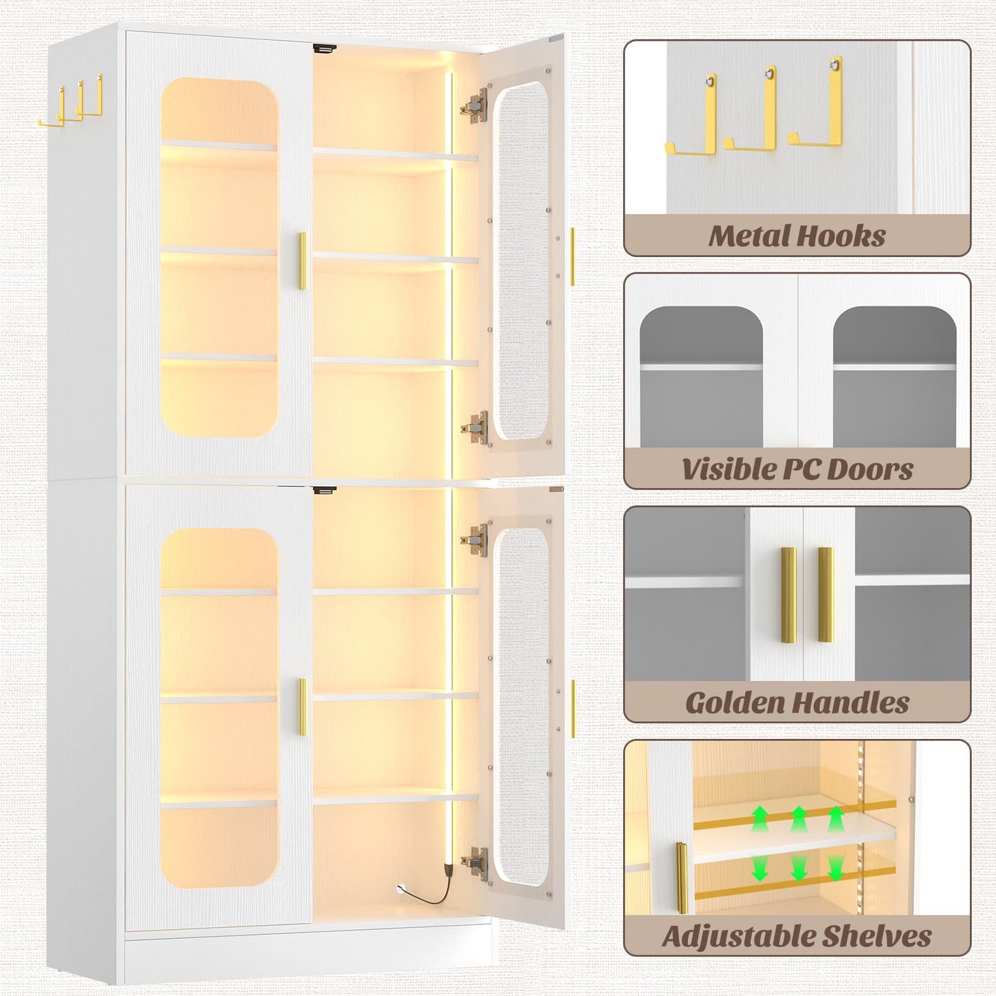 8-Tier LED Shoe Cabinet with Adjustable Shelves - 67 inch Tall Shoe Racks with Hooks for Entryway, Living Room, 24-32 Pairs